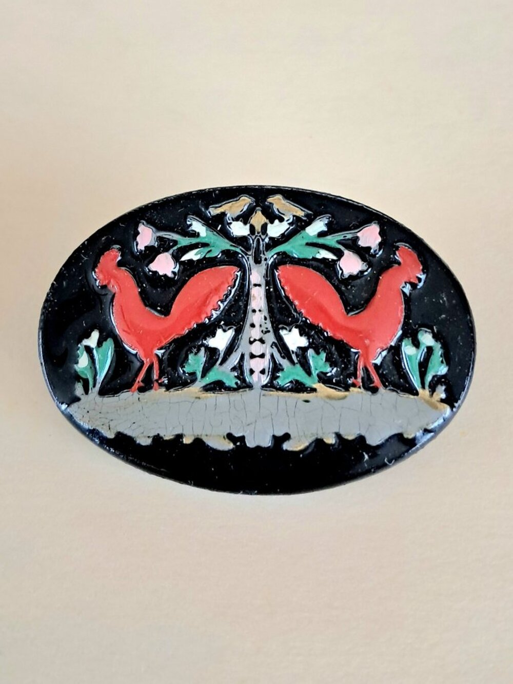 Vintage Russian Folk Art Oval Black Lacquer Rooster Bird Brooch Pin